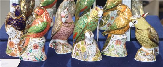 Six various Crown Derby paperweights: cockatoos, parrots, parakeets etc